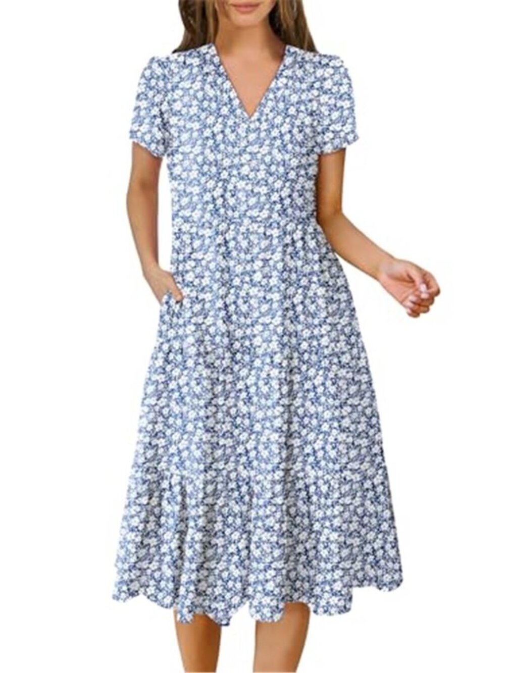 Floral Blue Midi Dress V Neck Smocked Tiered Pockets Short Sleeve Summer S XL
